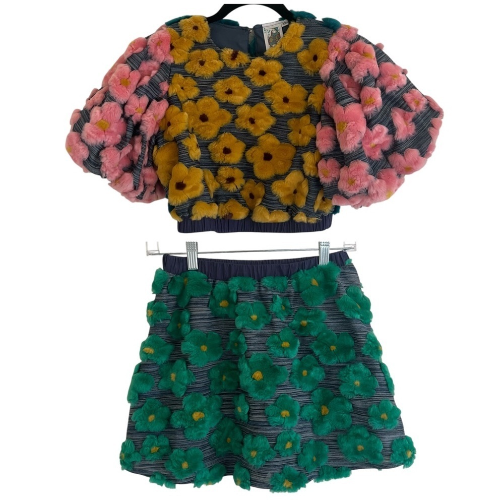 Queen Of Sparkles Colorblock Fur Flower Skirt & Top Set XS
